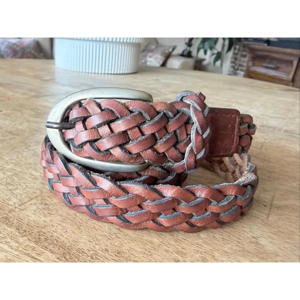 Leather Braided Belt Brown Woven Boho Casual Women’s Size S